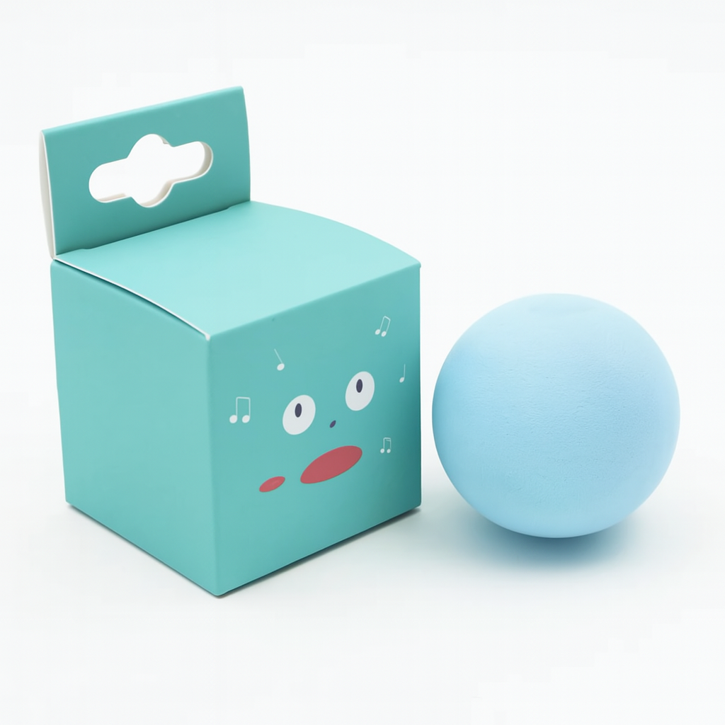 Teal box with a face design next to a blue ball on a white background