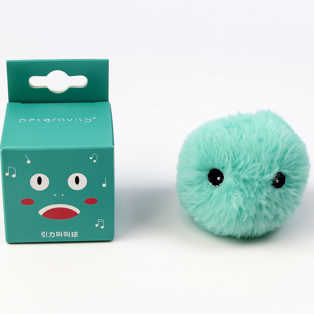 Teal plush toy with a cartoon face on a white background