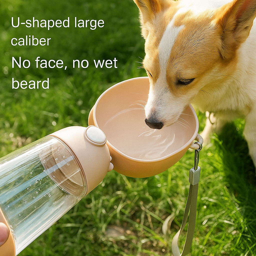 Dog drinking water from a pink bowl held by a person outdoors.