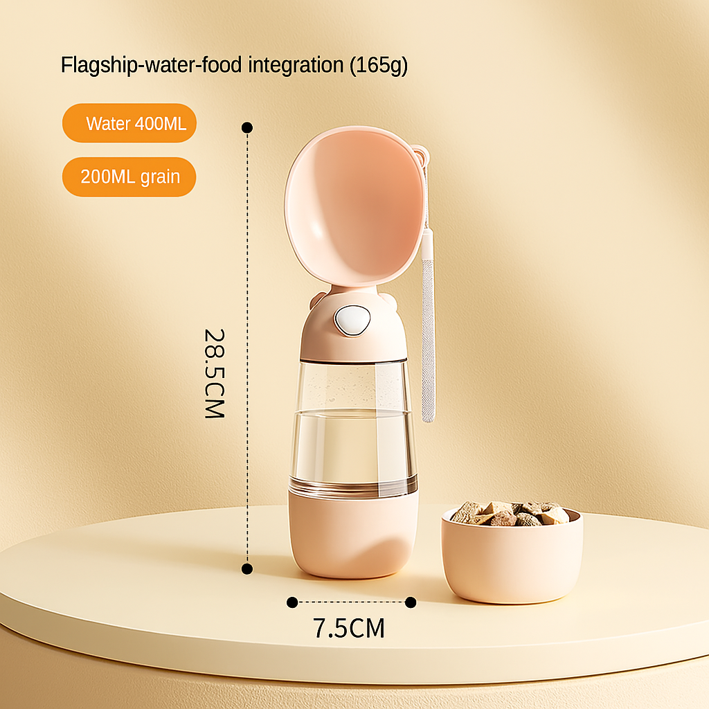 Pet water and food bowl set with measurements on a beige background