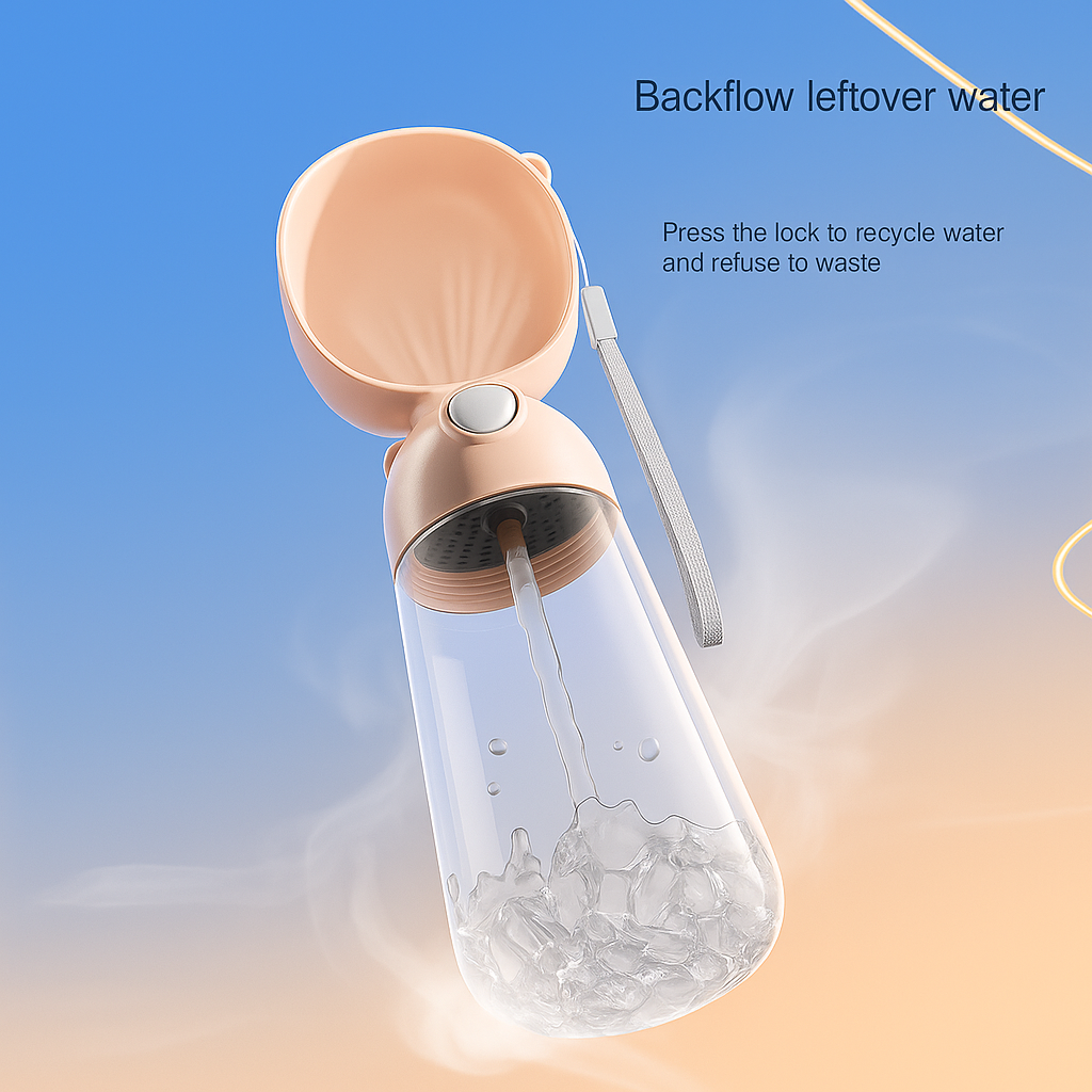 Pet water bottle with a clear container and peach-colored top, featuring text about backflow leftover water recycling.