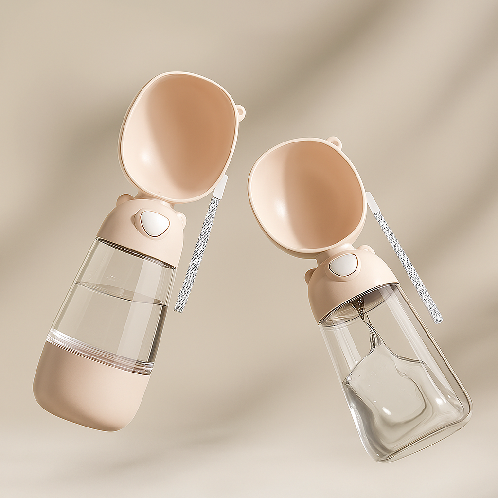 Two beige pet water bottles with clear interiors on a beige background