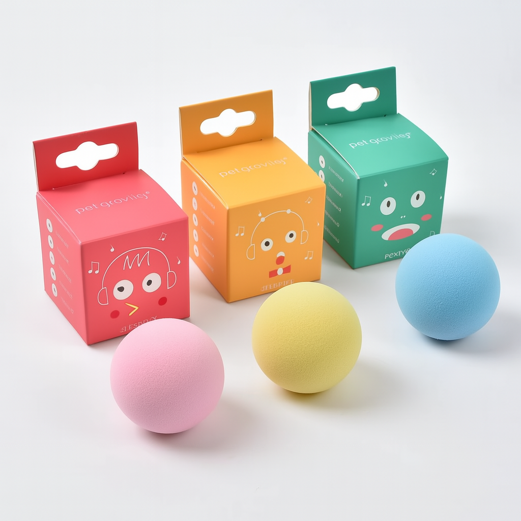Colorful packaging boxes with corresponding balls on a white background