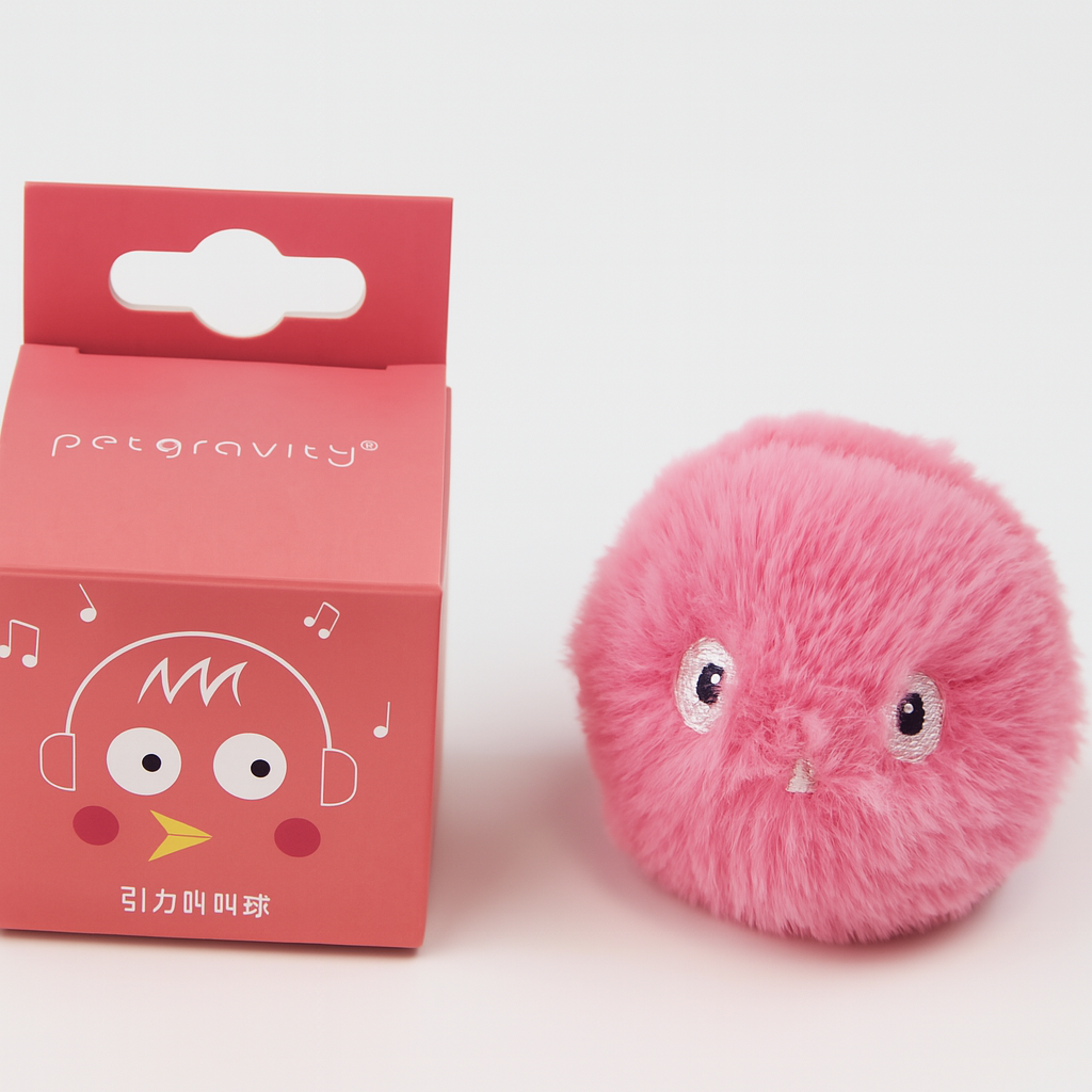 Pink fluffy ball with face design next to its packaging on a white background