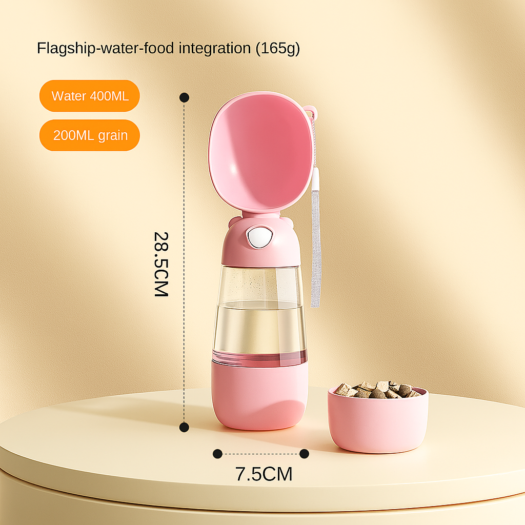 Pink water bottle and small bowl on a beige background with text about water and grain capacity.