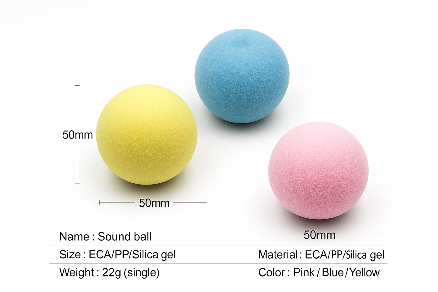 Three colorful sound balls with measurements and details on a white background