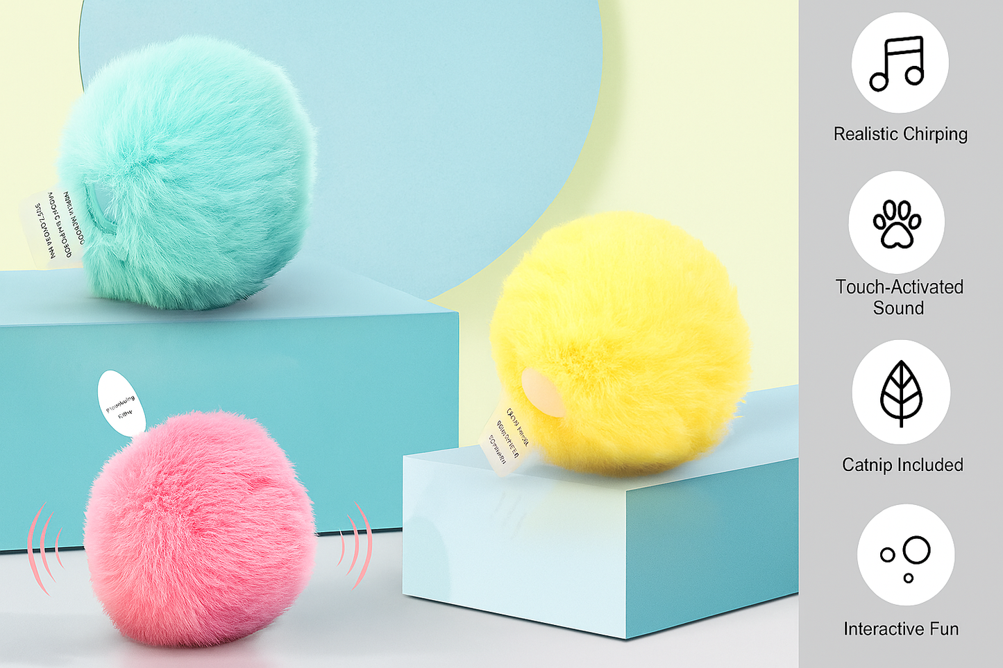 Three colorful fluffy balls with interactive features on a light background