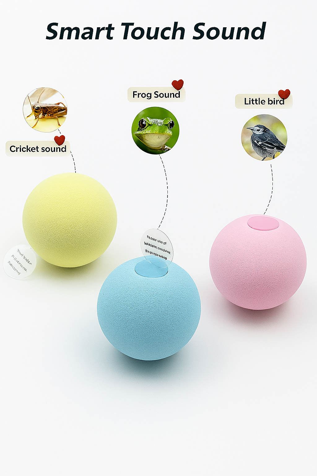 Three colorful balls with sound selection options on a white background