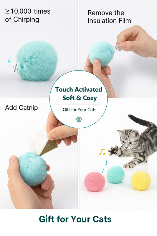 Collage of a cat toy with text on touch activation, adding catnip, and a cat playing with it.