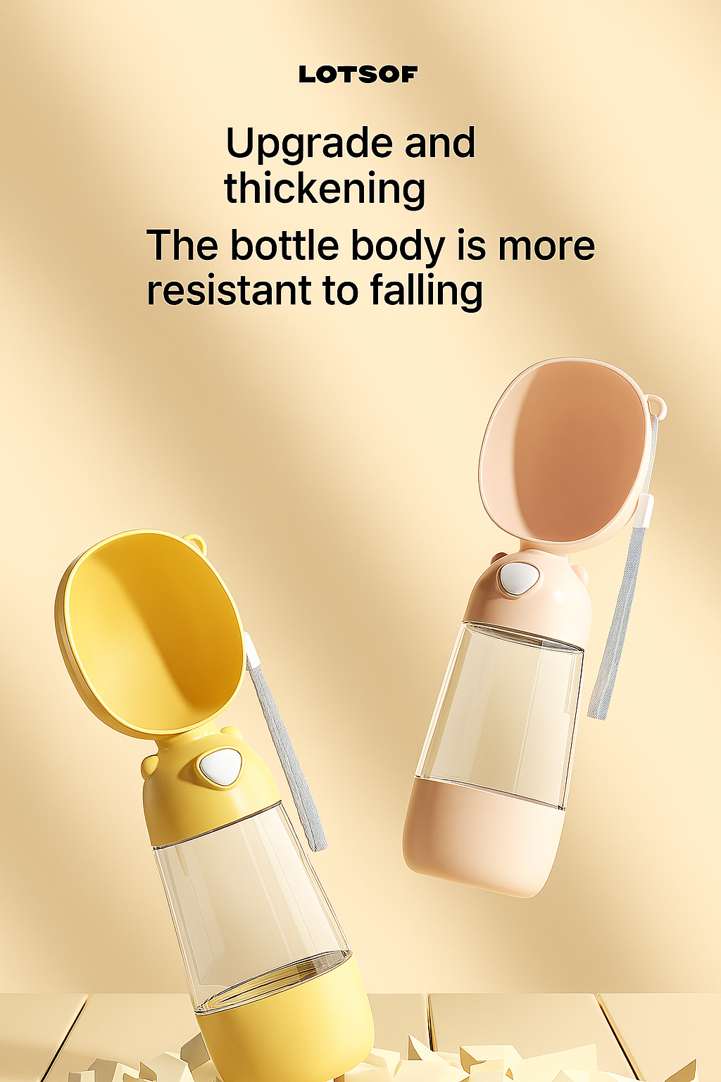 Two bottles, one yellow and one pink, with straws on a beige background. Text indicates an upgrade and thickening feature.