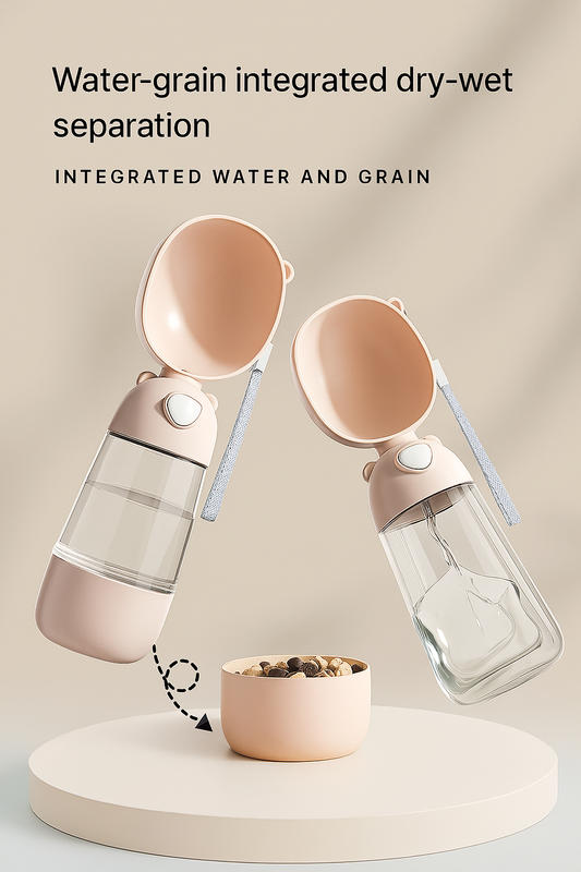 Two pink pet bottles with clear interiors on a beige background, featuring text about water and grain separation.
