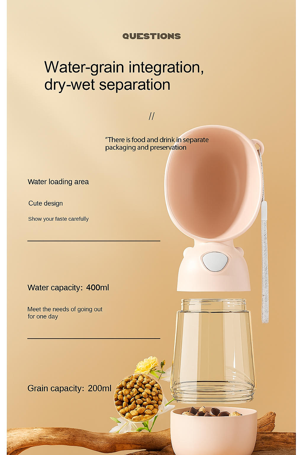 Pet water bottle with text on a beige background