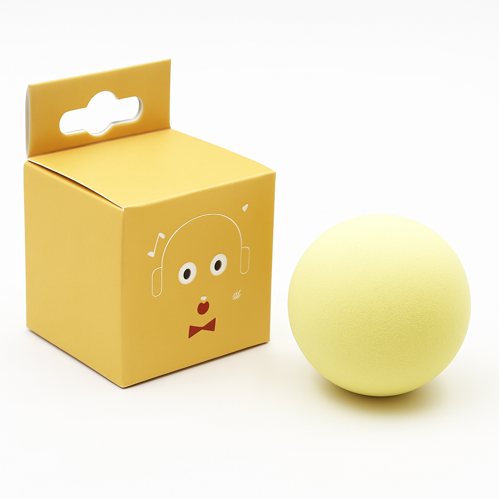 Yellow box with a face design and a matching yellow ball on a white background