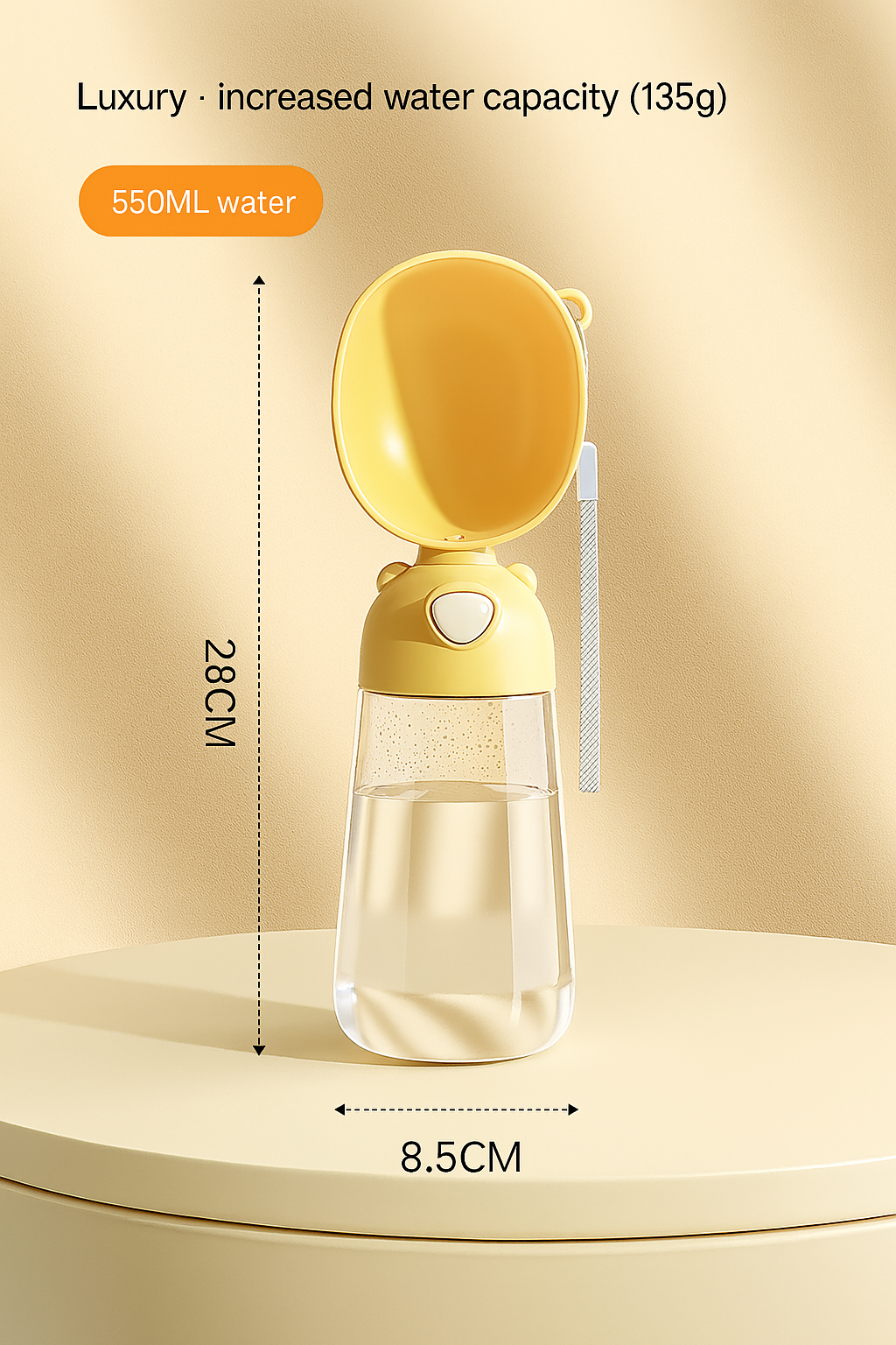 Yellow pet water bottle with measurements on a beige background