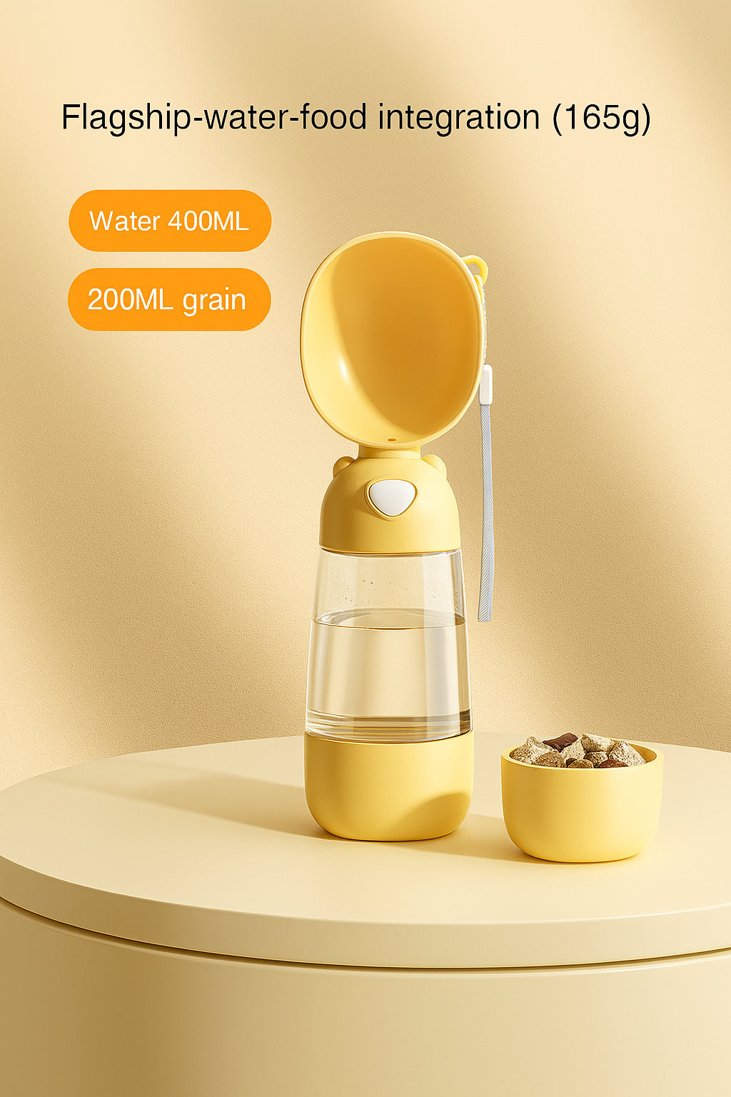 Yellow pet water and food bowl integration on a beige background
