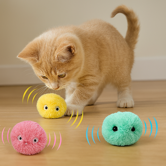 Cat playing with colorful plush toys on a wooden floor