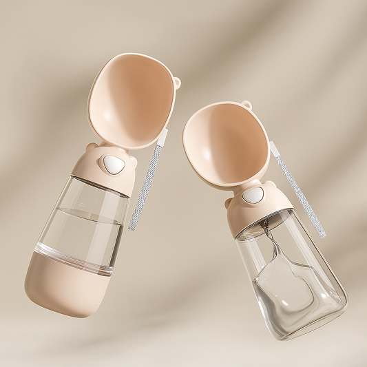 Two beige pet water bottles with clear interiors on a beige background